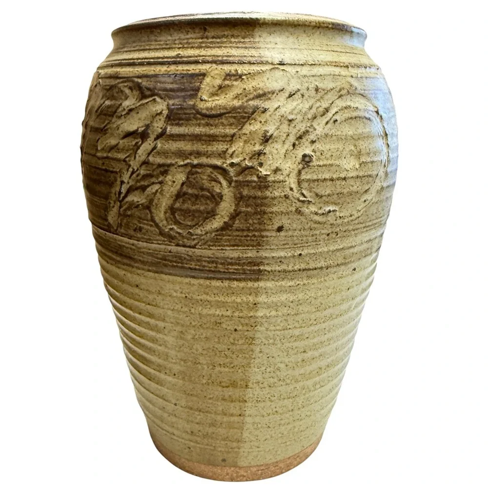 Vintage Studio Pottery Stoneware Vase Hand Carved Ribbed Earth Tones Signed 11in